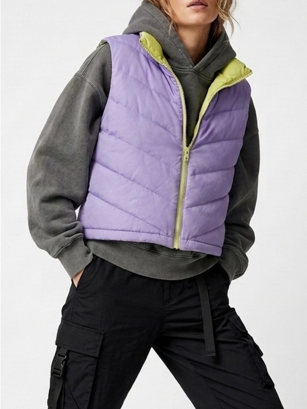 Coldwater Creek Reversible Down Puffer Vest Medium Lavender Lime Gorpcore Y2K
